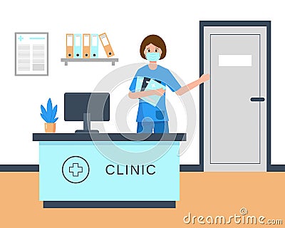 Young woman receptionist in medical mask Vector Illustration