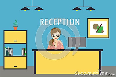 Young woman receptionist stands at reception desk. Vector Illustration