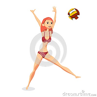 Young woman in red bikini playing volleyball at beach. Cartoon Illustration