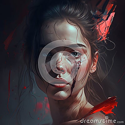 Young woman. Red brushes of paint on the face. Realism style detailed picture of human. Generative AI Stock Photo