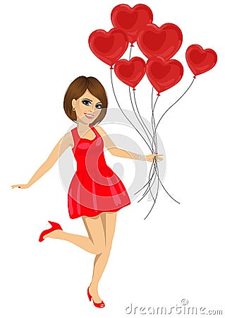 Young woman in red dress holding heart balloons celebrating saint valentine day Vector Illustration