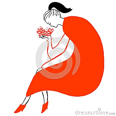 Young woman in red dress with red flowers in her hand Vector Illustration