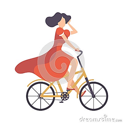 Young Woman in Red Dress Riding Bicycle, Cycling Girl Relaxing or Going to Work Vector Illustration Vector Illustration