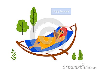 Young woman relax in hammock reading a book Vector Illustration