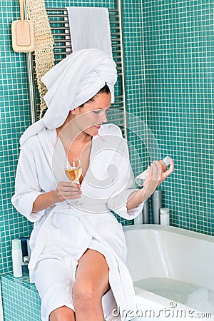 Young woman relaxing bathroom spa treatment bathtub Stock Photo