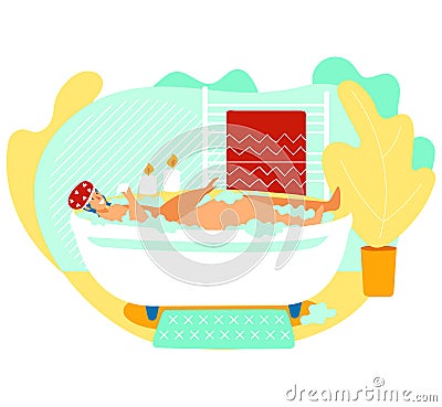 Young woman relaxing in a bubble bath with candles, eye mask for restful atmosphere. Peaceful home spa treatment, self Vector Illustration