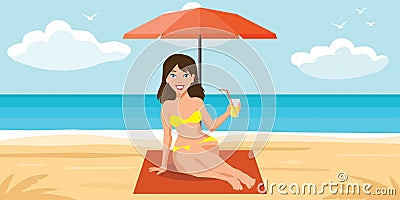 Young woman resting on the beach Vector Illustration