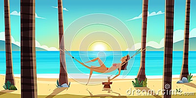 Young woman is resting on sandy beach, drinking cocktail under the heat of the sun and coconut trees. Vector Illustration