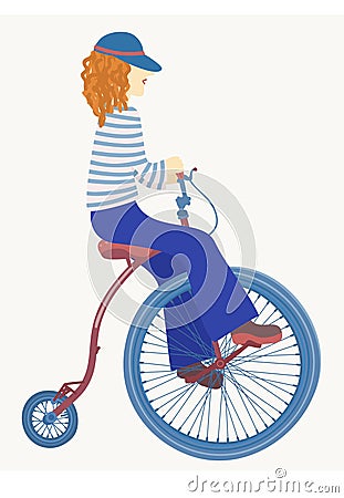 Young woman on retro unicycle. Vector isolated illustration Vector Illustration