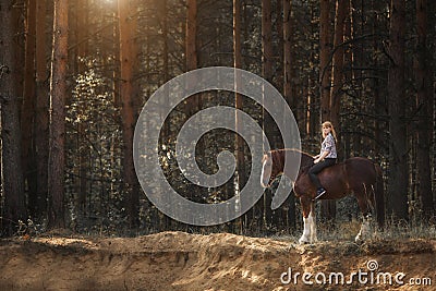 Young woman rider with her horse in evening sunset light at the forest Stock Photo