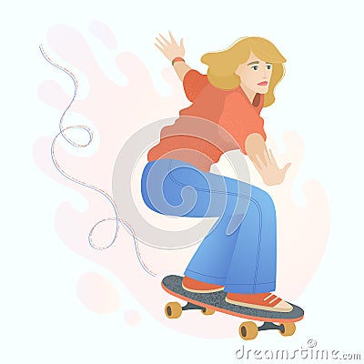 Young woman rides on a skateboard. Simple vector illustration for logo, branding, banner, poster design Vector Illustration