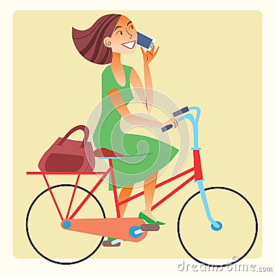 Young woman riding a bike and talking on the smartphone Stock Photo