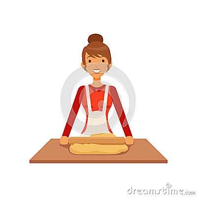 Young woman rolling dough, housewife girl cooking food in the kitchen flat vector Illustration Vector Illustration