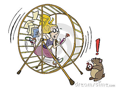 Young woman running in the hamster wheel Vector Illustration