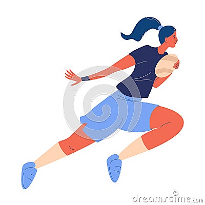 Young woman running with rugby ball. Vector sport illustration with young healthy female character Cartoon Illustration