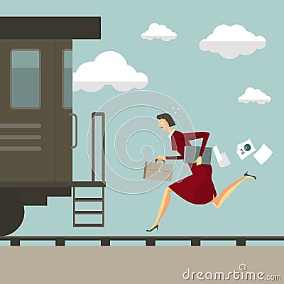 Young woman running after the train. Vector Illustration
