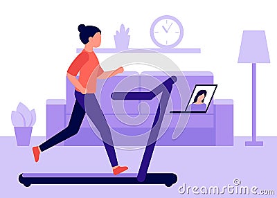 Young woman runs on running track at home and watches video on laptop. Videoconference in sports, communication. Sports activities Vector Illustration