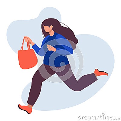A young woman runs to a store or to a dealer that sells goods at a discount or lower prices Cartoon Illustration
