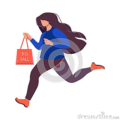 A young woman runs to a store or to a dealer that sells goods at a discount or lower prices Cartoon Illustration