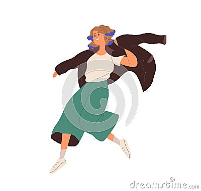 Young woman rushing, hurrying, putting on clothes on the go. Modern active busy girl running, moving fast. Hectic happy Cartoon Illustration