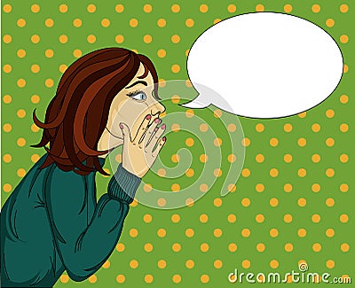 Young woman says a secret. Screams in the whole world. Vector Illustration