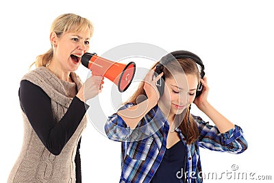 Young woman screaming at her daughter with a megaphone on white Stock Photo