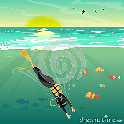 Young woman scuba diver dives under the sea into the sea at suns Vector Illustration