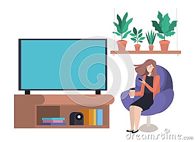 Young woman seated in the sofa watching tv Vector Illustration