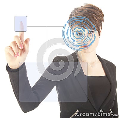 Young woman with security iris and fingerprint scan isolated Stock Photo