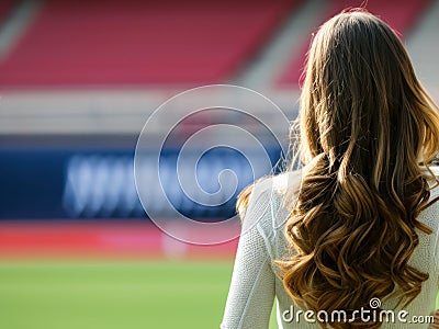 young woman seen from behind in a stadium, AI generated Stock Photo