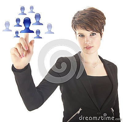 Young woman selecting blue virtual friends isolated Stock Photo