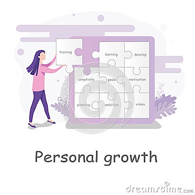 Young woman selecting puzzle pieces with text to fit onto the wall in a Personal Growth jigsaw puzzle Vector Illustration