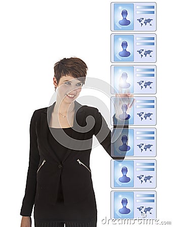 Young woman selecting virtual friends Stock Photo