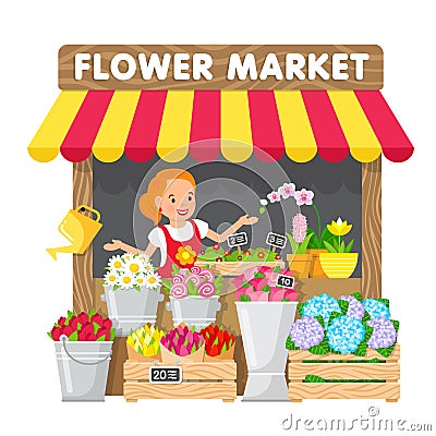 The young woman sells flowers in her flower shop in the local market. Vector Illustration