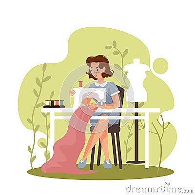 Young woman sewing on an industrial sewing machine. Fashion designer, needlewoman or seamstress at work. Vector Illustration