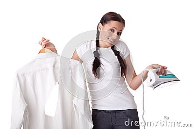 Young woman with shirt and iron. Stock Photo