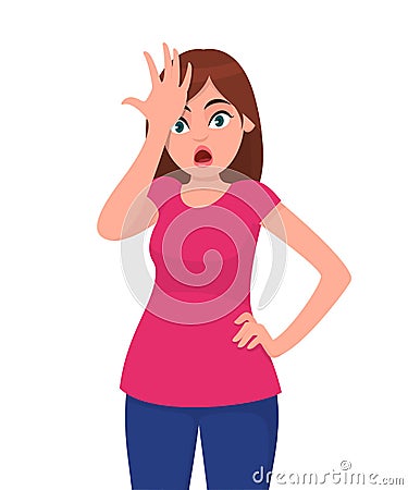 Young woman shocked with hand on head for mistake, remember error. Forgot, bad memory. Human emotion and body language concept. Vector Illustration