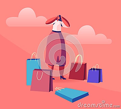 Young Woman Shopaholic Stand Surrounded with Many Colorful Shopping Bags Holding Head Frustrated Vector Illustration