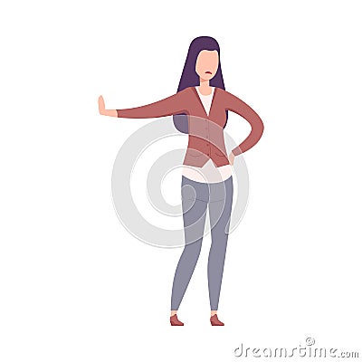 Young Woman Showing Stop Gesture, Attractive Brunette Girl Character Wearing Casual Stylish Clothes Flat Vector Vector Illustration