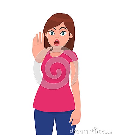 Young woman showing stop gesture sign with palm of the hand. Young girl requiring stop with her hand. Prohibition symbol. Vector Illustration