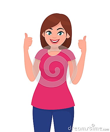 Young woman showing thumps up sign or gesture. Deal, approve, agree, okay, positive concept. Human emotion concept. Vector Illustration