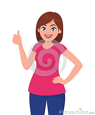 Young woman showing thumps up sign or gesture.Young woman showing thumps up sign or gesture while holding hand on hip. Vector Illustration