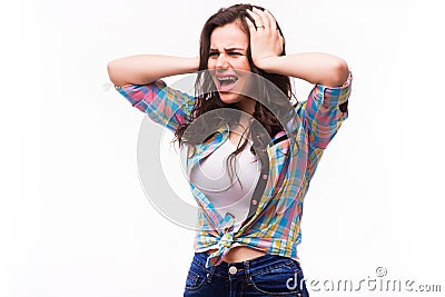 Young woman shows she does not want to hear from you. Stock Photo