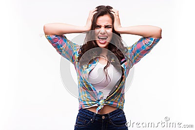 Young woman shows she does not want to hear from you. Stock Photo