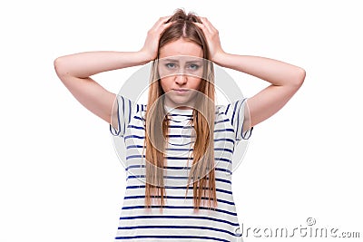 Young woman shows she does not want to hear from you. Stock Photo