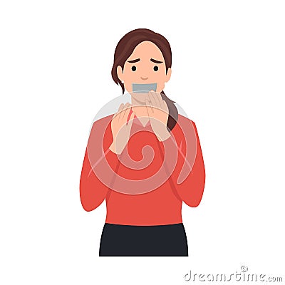 Young woman silenced with mouth covered with grey tape. Flat vector Cartoon Illustration