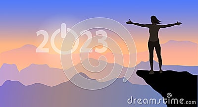 A young woman silhouette against sunset with arms up looking at 2023 start in sky feeling free and happy. Freedom, and joy Cartoon Illustration