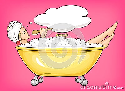 Young woman singing in bathtub Vector Illustration