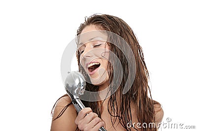 Young woman singing under shower Stock Photo