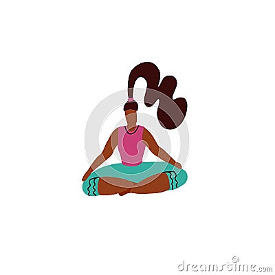 Young woman sit in a yoga lotus pose and meditates. Yoga girl in lotus position. Cute bright girl performs yoga asana Ardha Cartoon Illustration